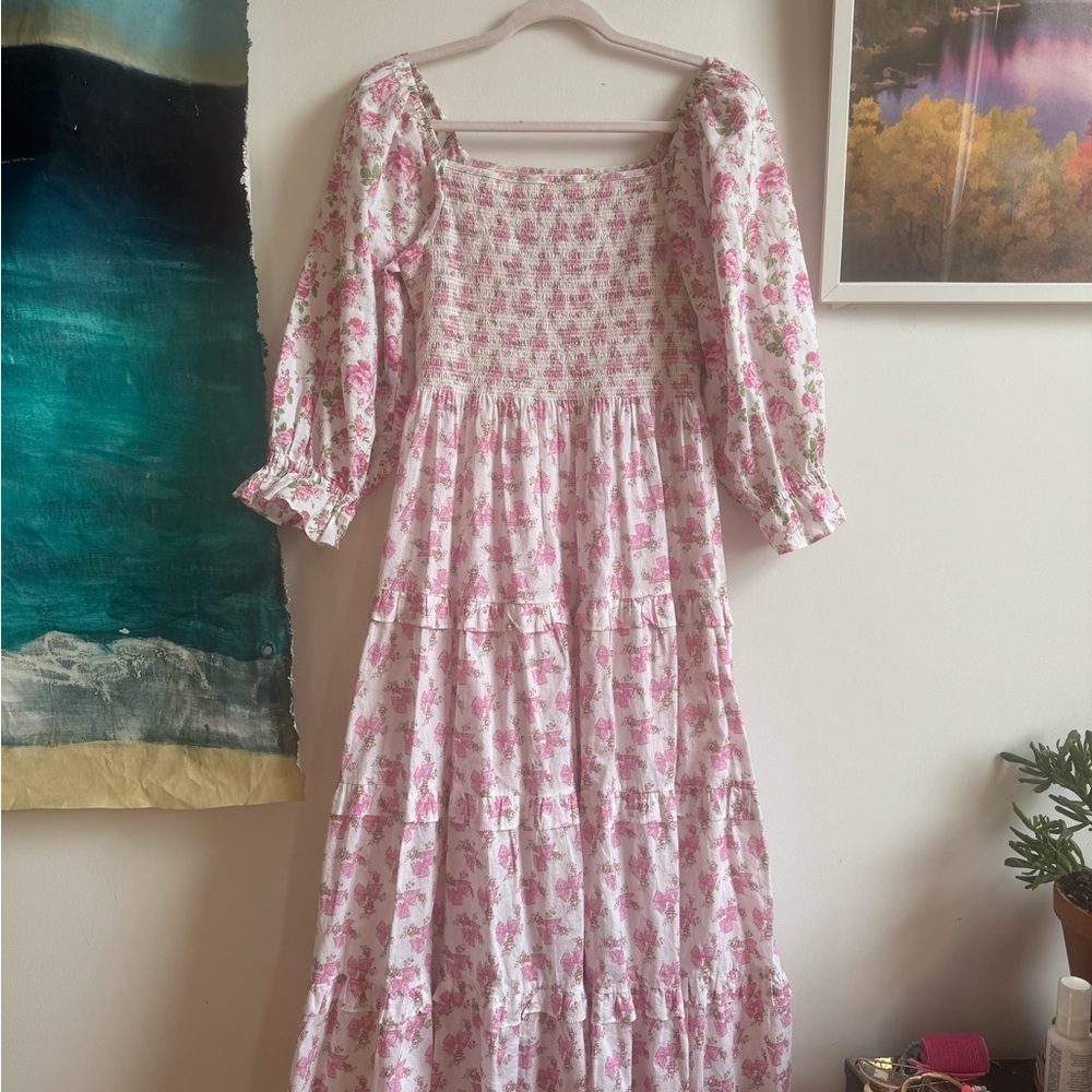 Loveshackfancy Cotton Rose Beaux Midi Dress Small Floral Bow Smocked White Pink - Picture 2 of 7